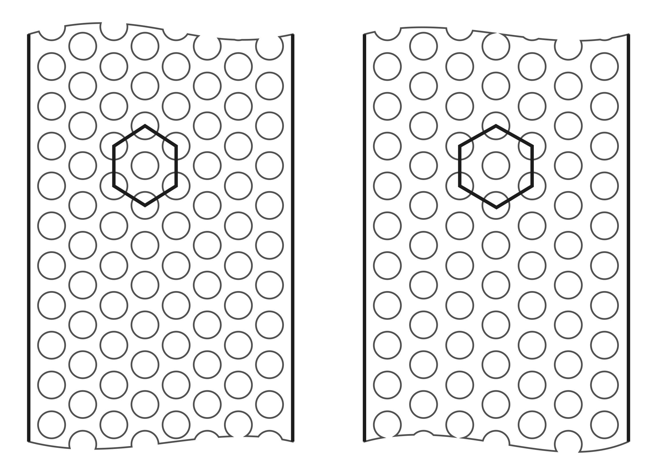 seven and eight rows of holes in the die with the same track width